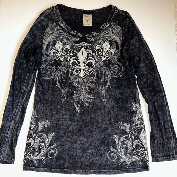 Vocal Tops - Vocal Women’s Long Sleeve Top Black Gray Fleur De Lis Embellished Made in USA